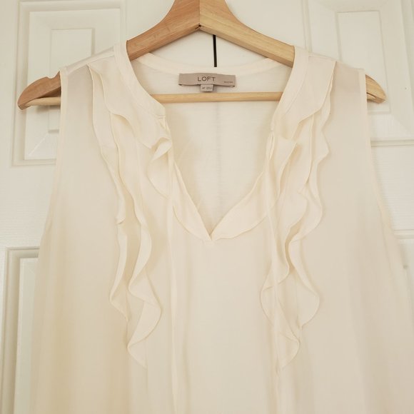 Loft Flowy Cream-White Blouse - Sleeveless Ruffle Front - Size MP - Picture 5 of 11